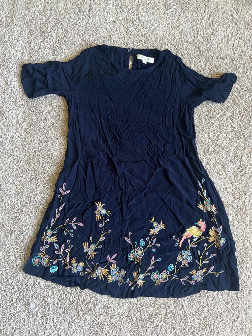 LOFT Navy Embroidered Floral & Bird Short Sleeve Dress